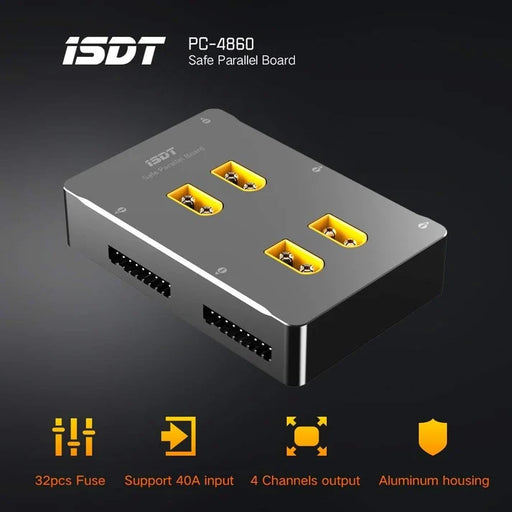 ISDT PC-4860S parallel charging board with 40A input, four outputs, 32 fuses and aluminum housing