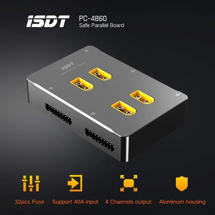 ISDT PC-4860S parallel charging board with 40A input, four outputs, 32 fuses and aluminum housing