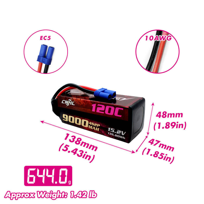 Batería Lipo CNHL Racing Series LiHV 9000mAh 15,2 V 4S 120C con enchufe EC5 para carreras RC