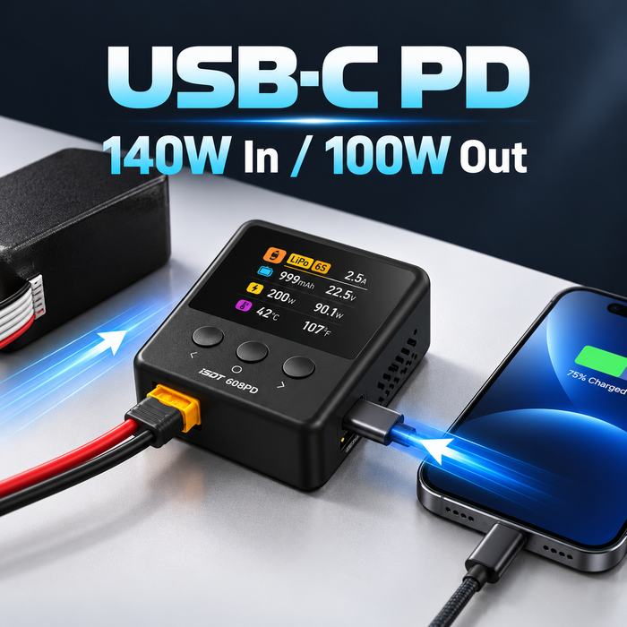 Chargeur LiPo intelligent ISDT 608PD 240 W 10 A – USB-C PD 3.1 140 W, 1–6S