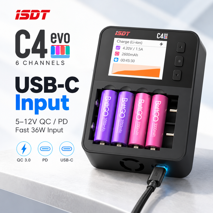 Chargeur de batterie intelligent ISDT C4 EVO à 6 canaux pour AA AAA 18650 21700 et 26700