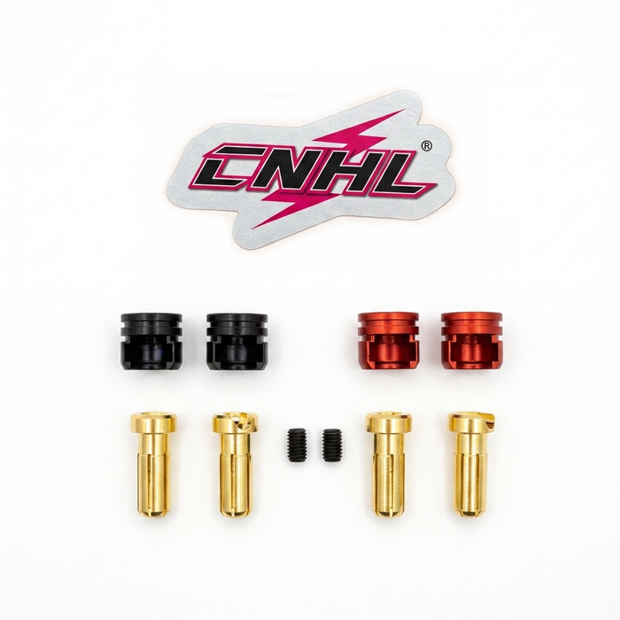 Two red and two black 5mm heatsink bullet plug grips with matching bullet connectors and set screws for RC hardcase LiPo batteries.