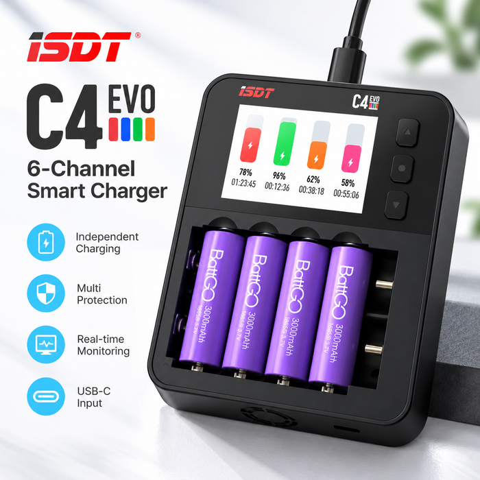 ISDT C4 EVO 6-Channel Smart Battery Charger for AA AAA 18650 21700 & 26700