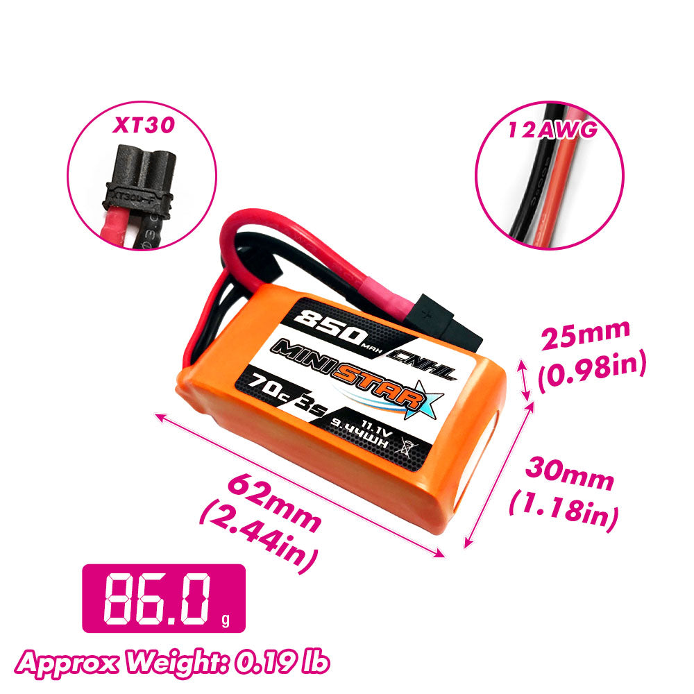 850mAh 11.1V 3S Lipo Battery 70C with XT30U For CineWhoop | 2 Pack