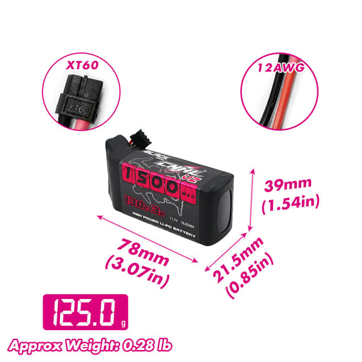 Size and weight overview of cnhl 1500mah 3s 130c lipo battery