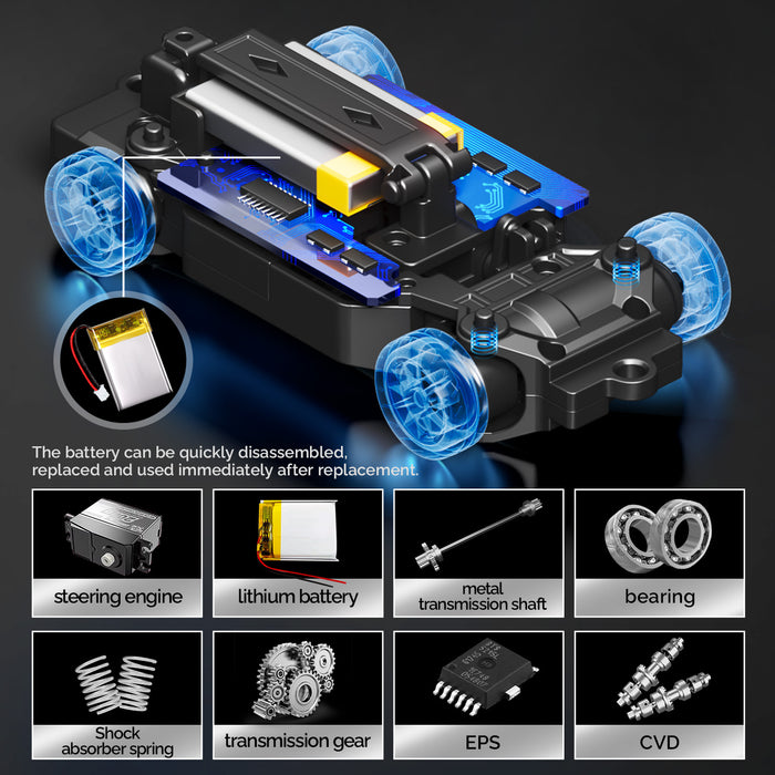 Chassis layout of Hstar D43-01Q 911 Mini Drift Car showing 4WD system, bearings and Li-ion battery