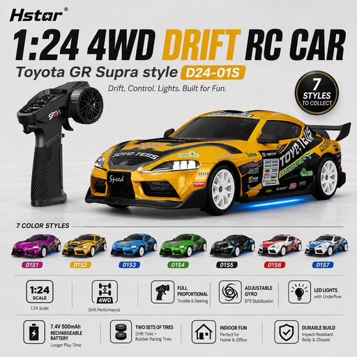 Hstar D24-01S 1:24 Toyota GR Supra style 4WD gyro drift RC car with 7 livery options