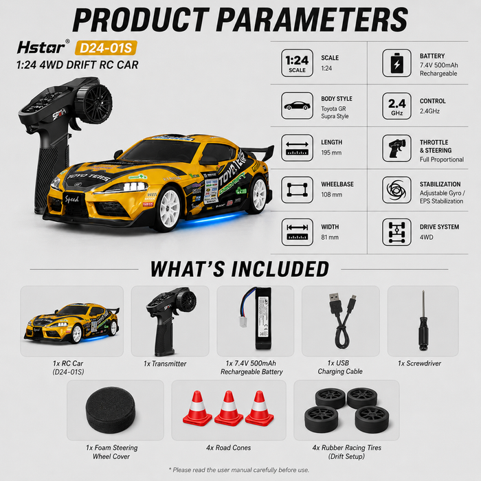 Hstar D24-01S 1:24 Toyota GR Supra style RC drift car product specifications and included accessories