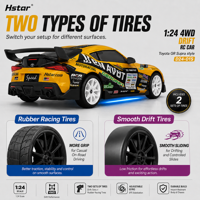 Hstar D24-01S Toyota GR Supra style RC car with smooth drift tires and rubber racing tires
