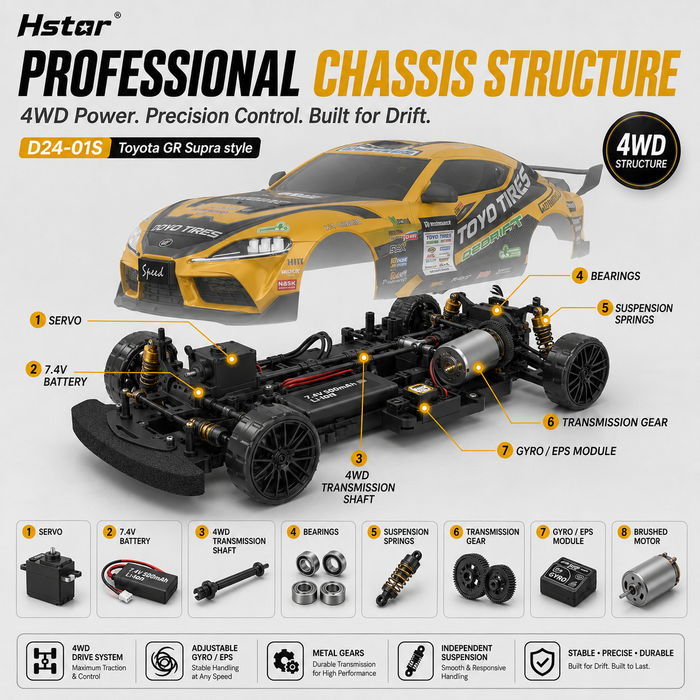 Hstar D24-01S 4WD gyro RC drift car chassis structure with servo battery motor and bearings