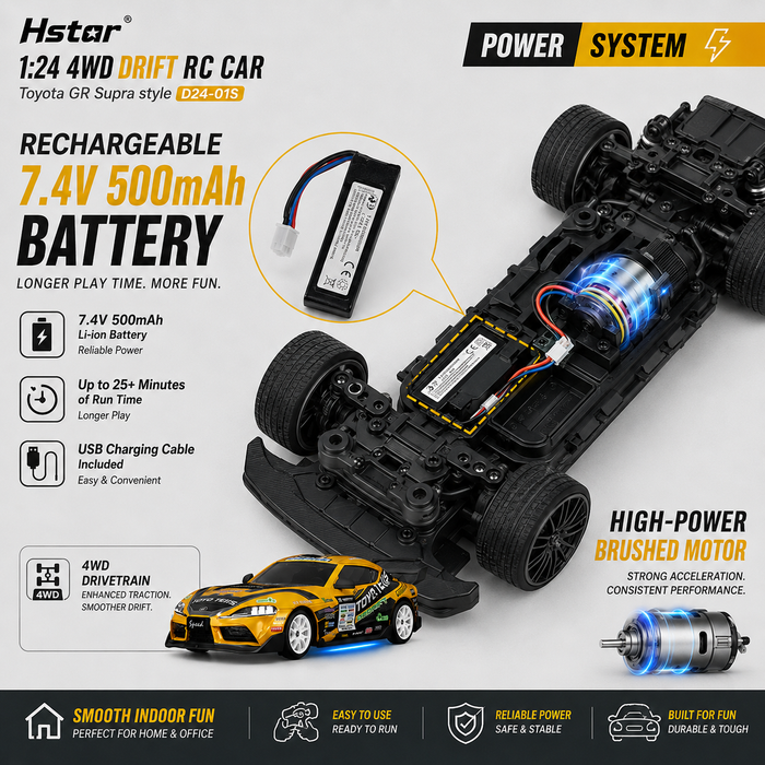 Hstar D24-01S 1:24 RC drift car with 7.4V 500mAh rechargeable battery and brushed motor