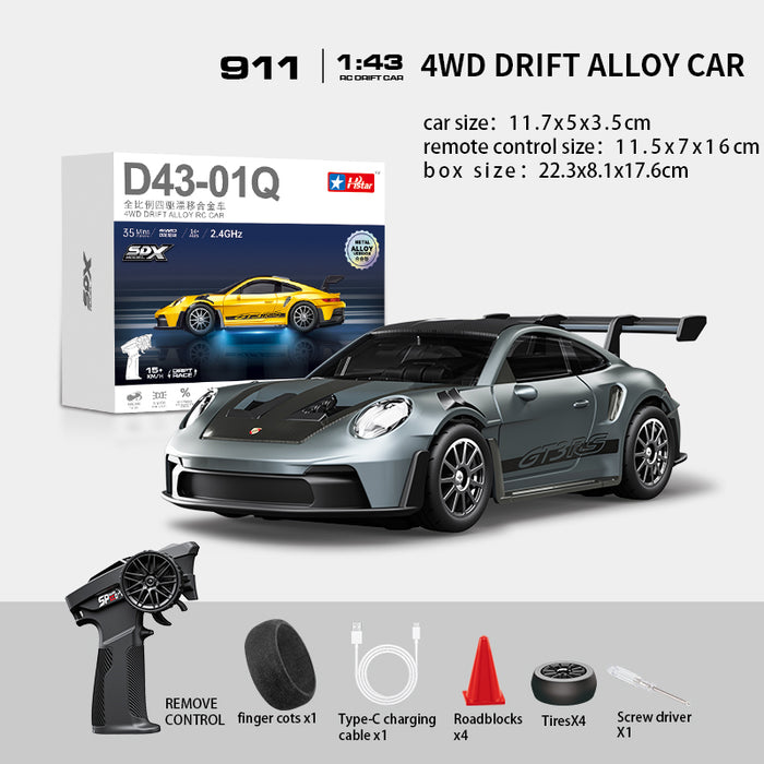 Hstar D43-01Q 1/43 4WD Alloy Drift RC Car – 911 Style, Full Proportional Control, Gyro, Dual-Speed, LED Lights & Type-C Charging