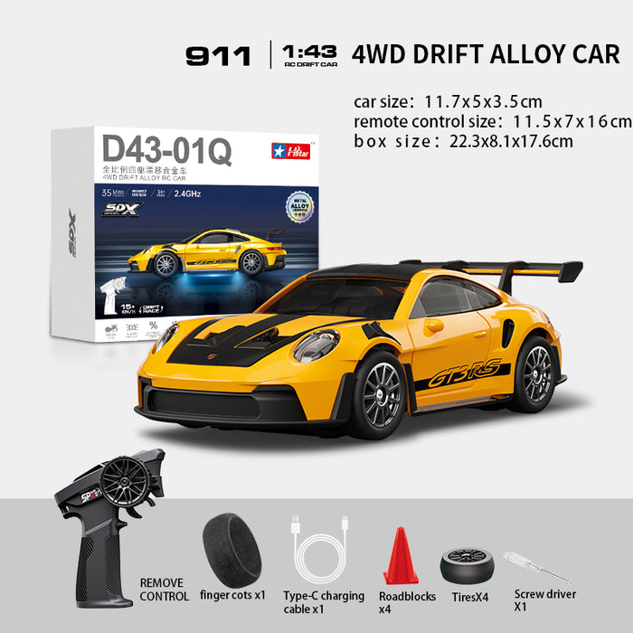 Hstar D43-01Q 1/43 4WD Alloy Drift RC Car – 911 Style, Full Proportional Control, Gyro, Dual-Speed, LED Lights & Type-C Charging