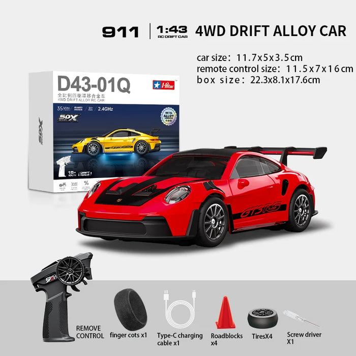 Hstar D43-01Q 1/43 4WD Alloy Drift RC Car – 911 Style, Full Proportional Control, Gyro, Dual-Speed, LED Lights & Type-C Charging