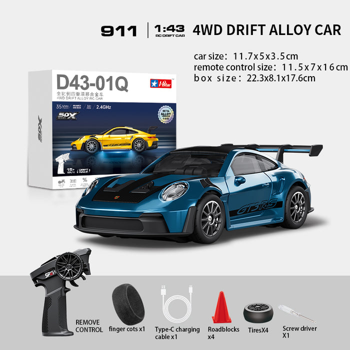 Hstar D43-01Q 1/43 4WD Alloy Drift RC Car – 911 Style, Full Proportional Control, Gyro, Dual-Speed, LED Lights & Type-C Charging