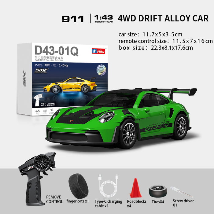 Hstar D43-01Q 1/43 4WD Alloy Drift RC Car – 911 Style, Full Proportional Control, Gyro, Dual-Speed, LED Lights & Type-C Charging