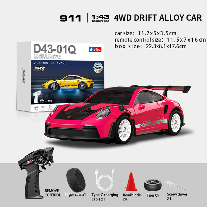 Hstar D43-01Q 1/43 4WD Alloy Drift RC Car – 911 Style, Full Proportional Control, Gyro, Dual-Speed, LED Lights & Type-C Charging