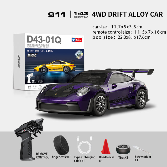 Hstar D43-01Q 1/43 4WD Alloy Drift RC Car – 911 Style, Full Proportional Control, Gyro, Dual-Speed, LED Lights & Type-C Charging