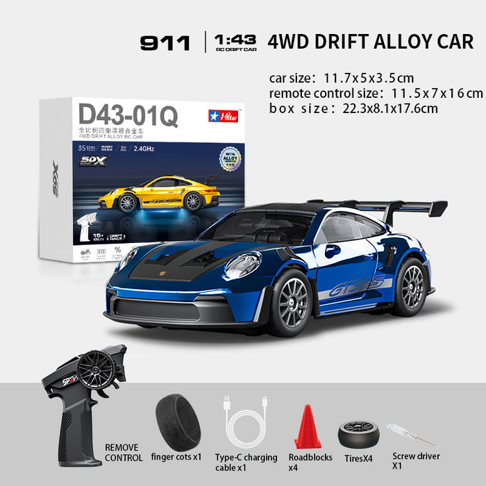 Hstar D43-01Q 1/43 4WD Alloy Drift RC Car – 911 Style, Full Proportional Control, Gyro, Dual-Speed, LED Lights & Type-C Charging