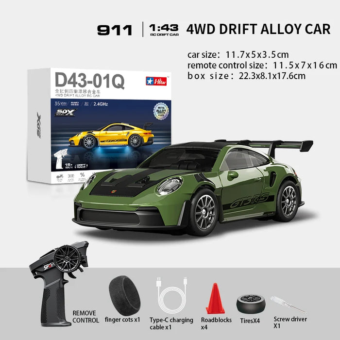 Hstar D43-01Q 1/43 4WD Alloy Drift RC Car – 911 Style, Full Proportional Control, Gyro, Dual-Speed, LED Lights & Type-C Charging