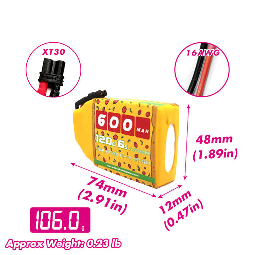 Sepc of CNHL Pizza Series 600mAh 22.2V 6S 120C Lipo Battery With XT30U