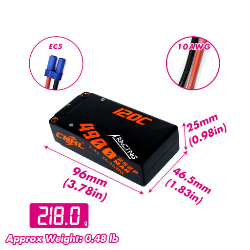 Size and weight overview of cnhl 4900mah 2s 120c lipo battery