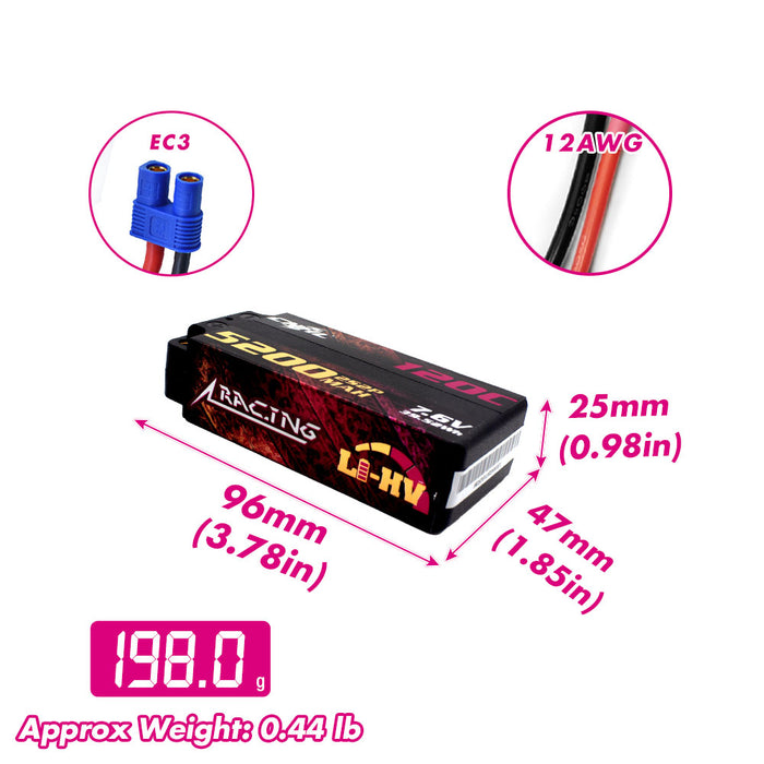CNHL LiHV 2S 5200mAh Lipo Battery dimensions and specifications