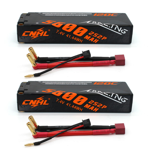 2 Packs CNHL Racing Series 5600mAh 7.4V 2S2P 120C Hard Case Lipo Battery with T/Dean Plug