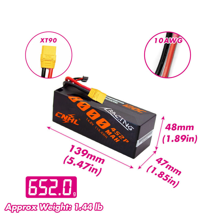 Size and weight overview of 8000mAh 4S 120C Hard Case Lipo Battery
