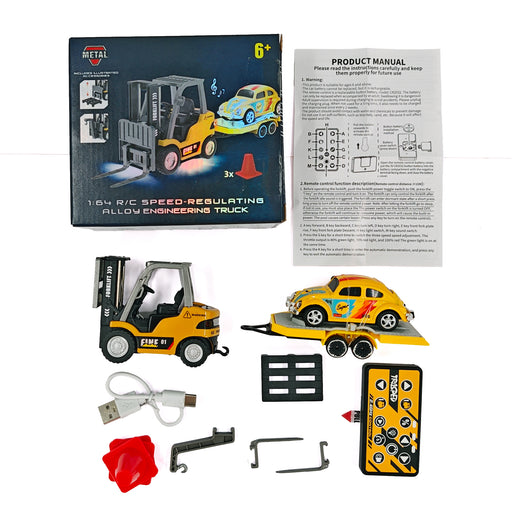 HG4-244 1/64 mini alloy RC forklift full set unboxing with forklift, trailer, controller, USB-C cable, roadblocks, and instruction manual