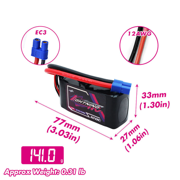 Batterie LiHV CNHL Lightning 2400mAh 11,4V 3S 120C HV Shorty Lipo avec prise EC3