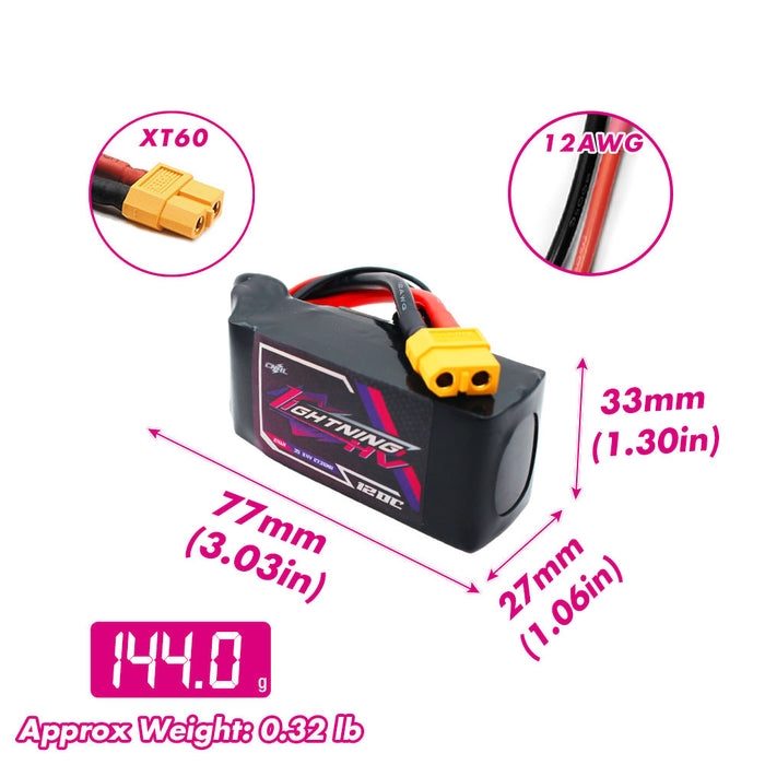 Size and weight overview of cnhl 2400mah 3s 120c lipo battery
