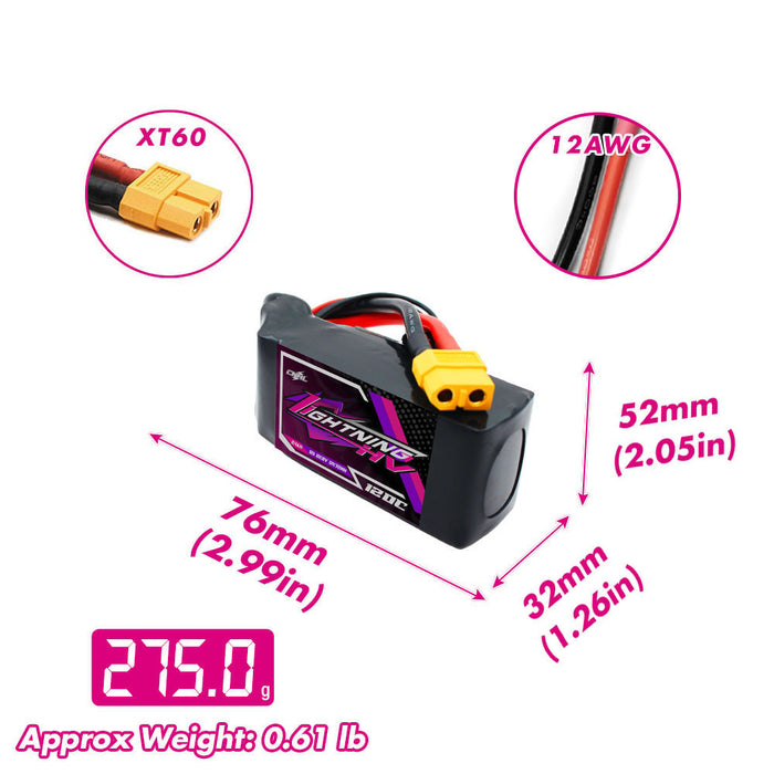 Size and weight overview of cnhl 2400mah 6s 120c lipo battery