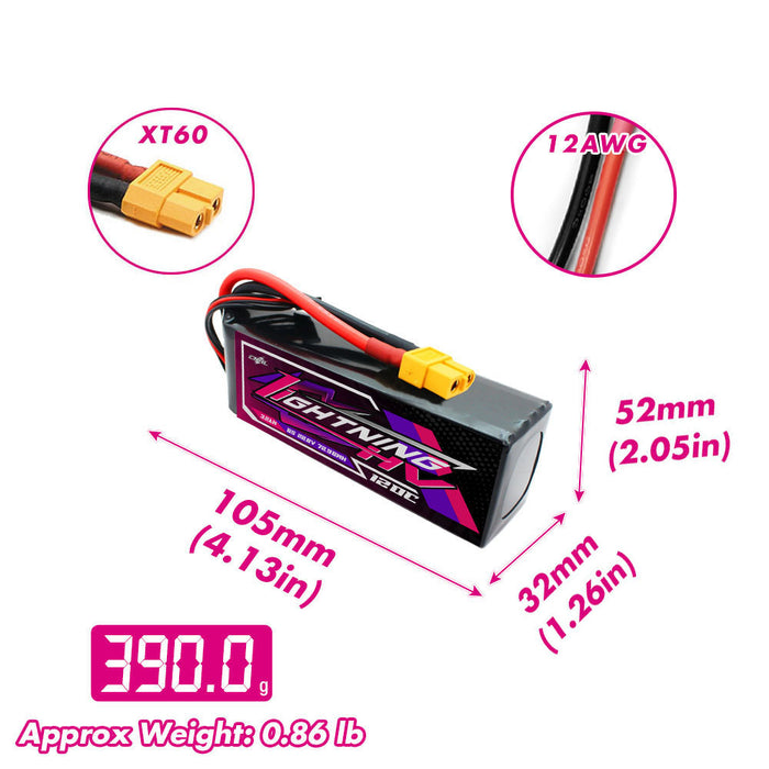 Size and weight overview of cnhl 3200mah 6s 120c lipo battery