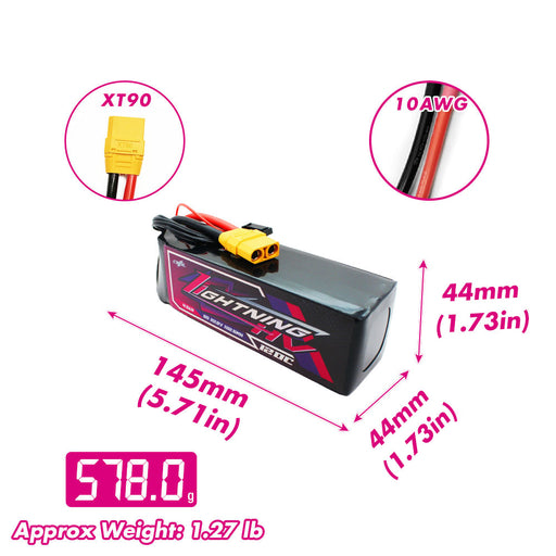 Size and weight overview of cnhl HV 4500mah 6s 120c lipo battery
