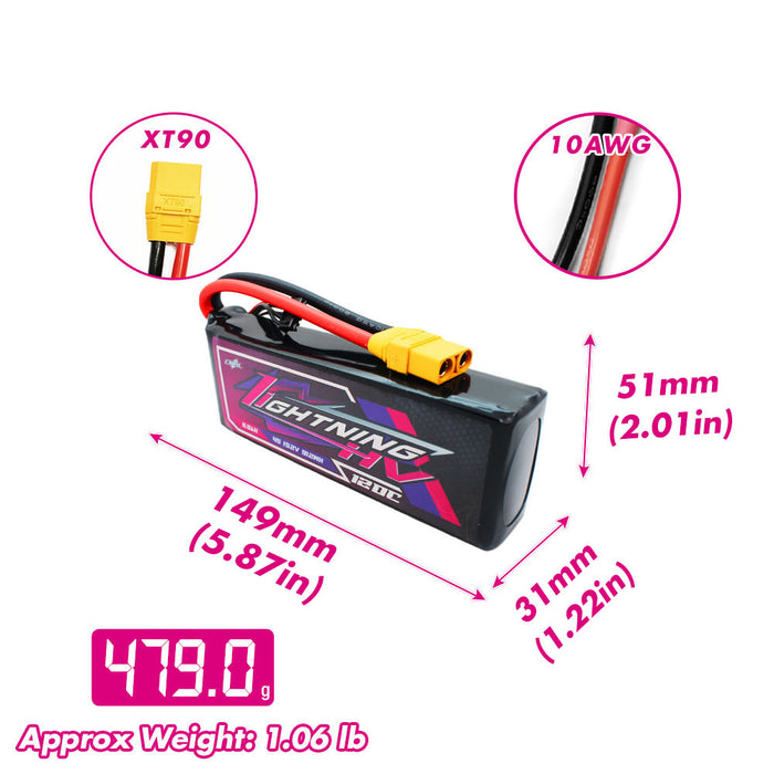 Size and weight overview of cnhl 6000mah 4s 120c lipo battery