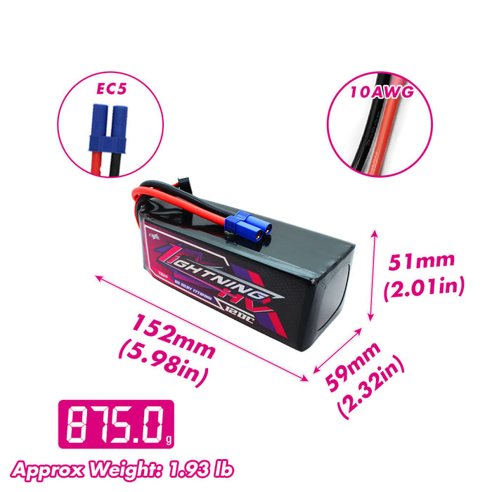 Size and weight overview of cnhl 7800mah 6s 120c lipo battery