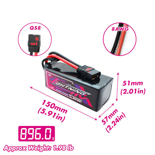 Size and weight overview of cnhl 7800mah 6s 120c lipo battery