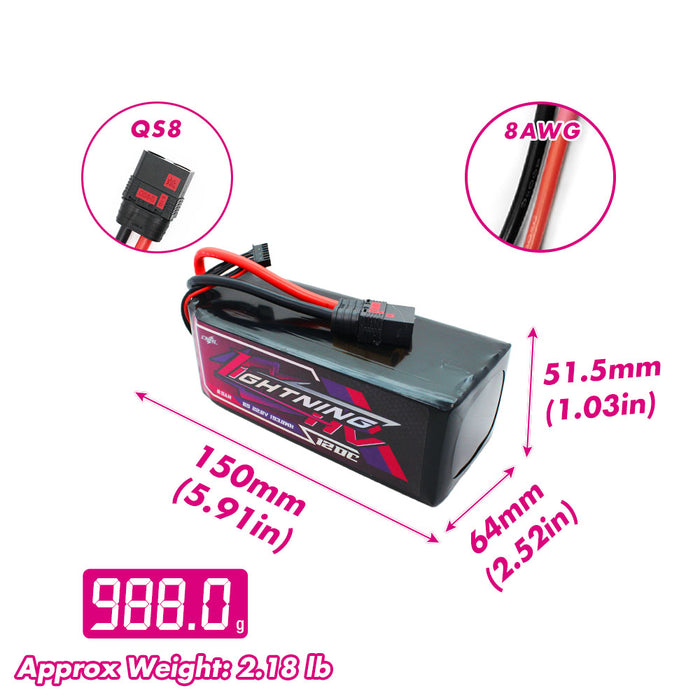 CNHL Lightning LiHV 8500mAh 22.8V 6S 120C HV Lipo Battery with QS8 Plug Size and Weight