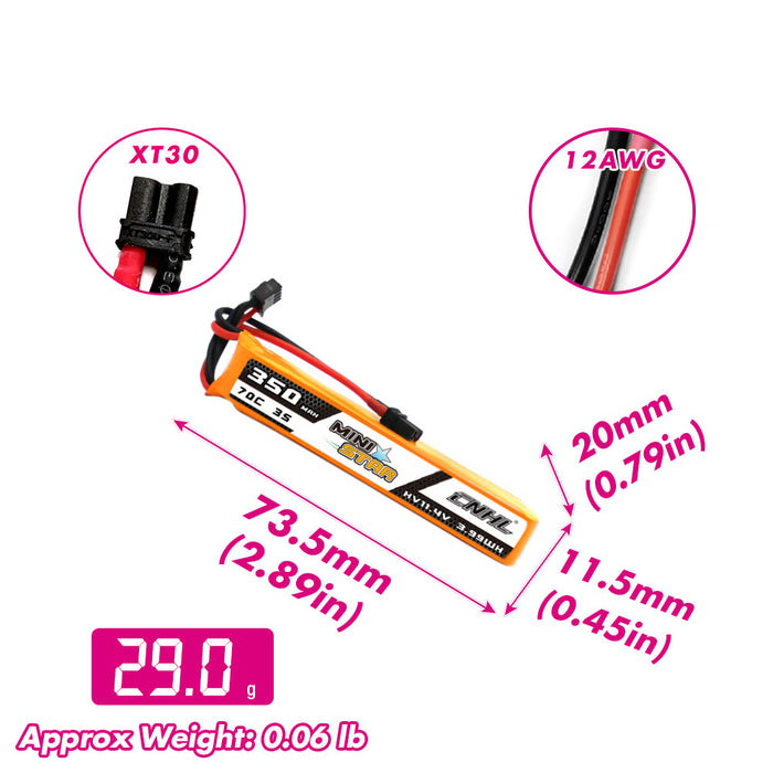 3packS CNHL MiniStar hV 350mAh 11.4V 3S 70C Lipoバッテリー（XT30uプラグ付き）