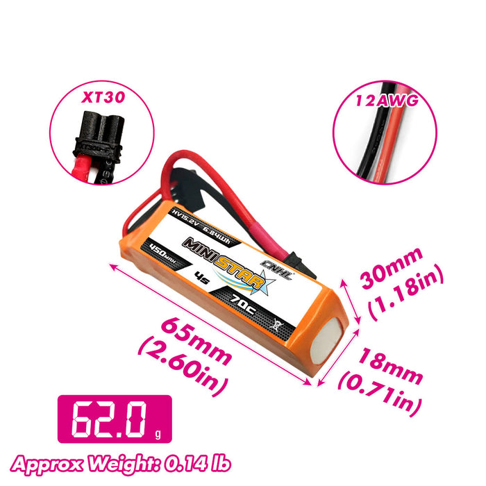 6 packs CNHL LIHV MINISTAR 450mAH 15.2V 4S 70C Lipo Batterie avec XT30U - CA / UK Warehouse