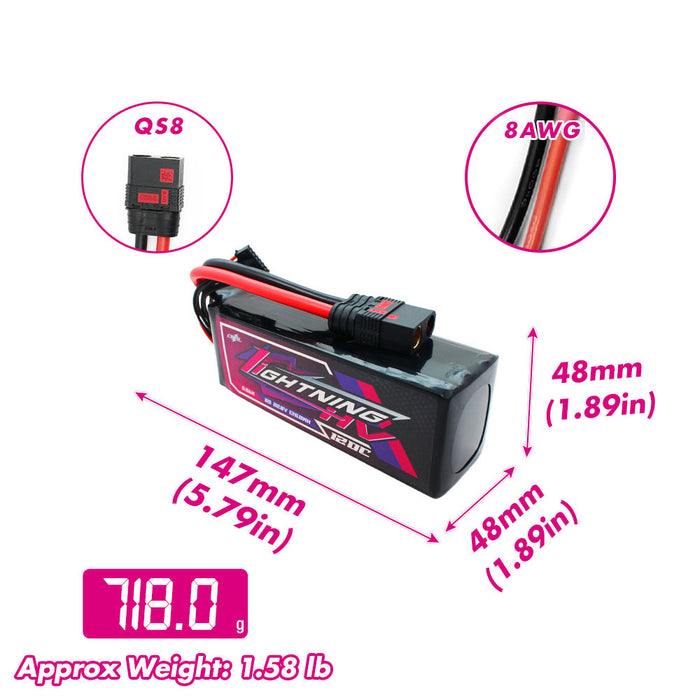 Size and weight overview of cnhl 6000mah 6s 120c lipo battery