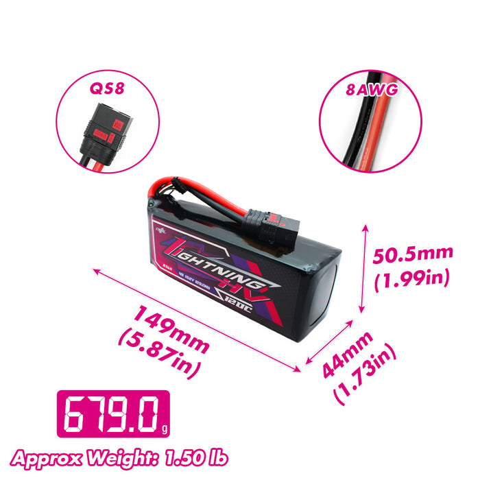 CNHL Lightning LiHV 8500mAh 15.2V 4S 120C HV LiPo Battery with QS8 Plug SIze and Weight