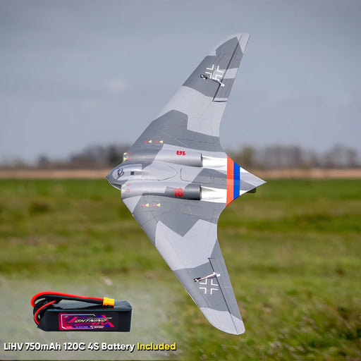 CNHL AviNationRC Horten Ho 229 RC plane in flight banking over grass field