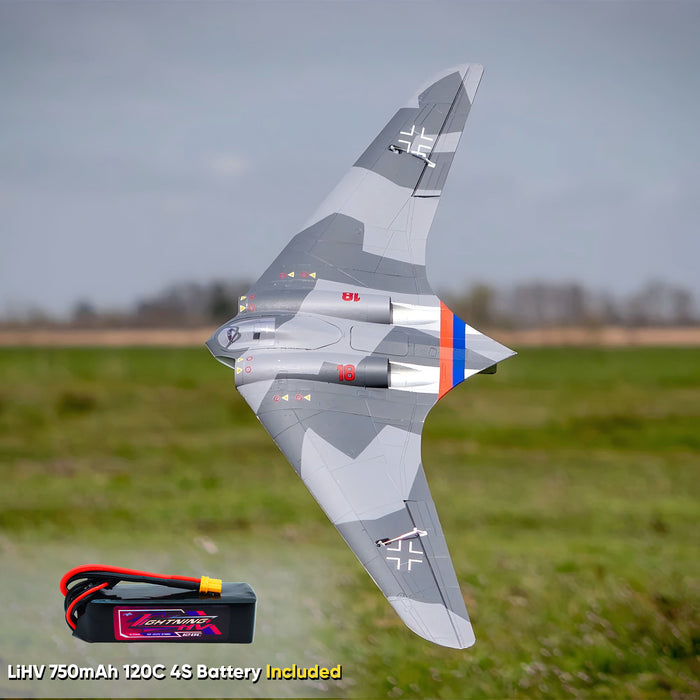 CNHL AviNationRC Horten Ho 229 RC plane in flight banking over grass field