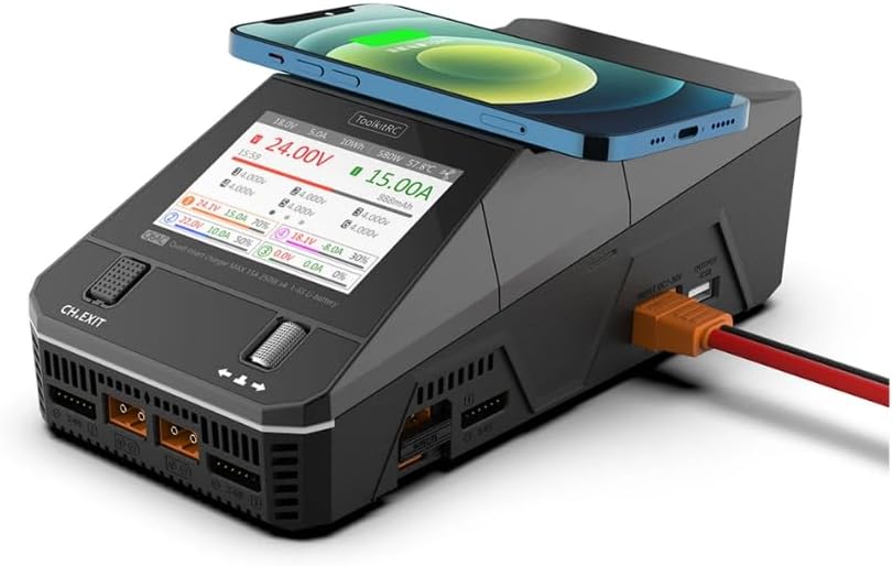 ToolkitRC Q6AC LiPo battery charger in use showing charging status on LCD screen, XT60 connection, and wireless phone charging