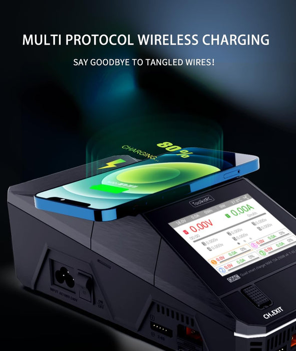 ToolkitRC Q6AC LiPo battery charger with multi protocol wireless charging pad powering a smartphone