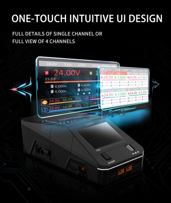 ToolkitRC Q6AC LiPo battery charger with intuitive UI design showing single channel and four channel display options
