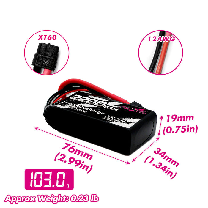 Size and weight overview of cnhl 2200mah 2s 40c lipo battery shorty