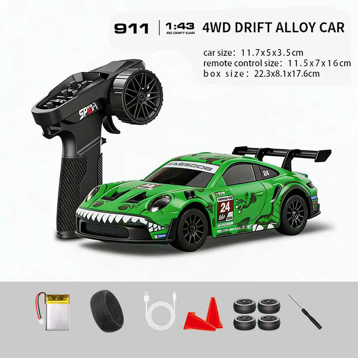 Hstar D43-01Q 1/43 4WD Coche RC de Deriva de Aleación – Estilo 911, Control Proporcional Completo, Giroscopio, Doble Velocidad, Luces LED y Carga Tipo-C